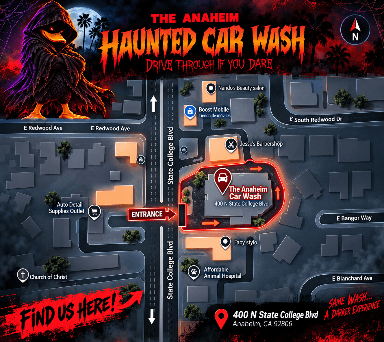 Illustrated directions map for The Anaheim Haunted Car Wash at 400 N State College Blvd, Anaheim, CA 92806