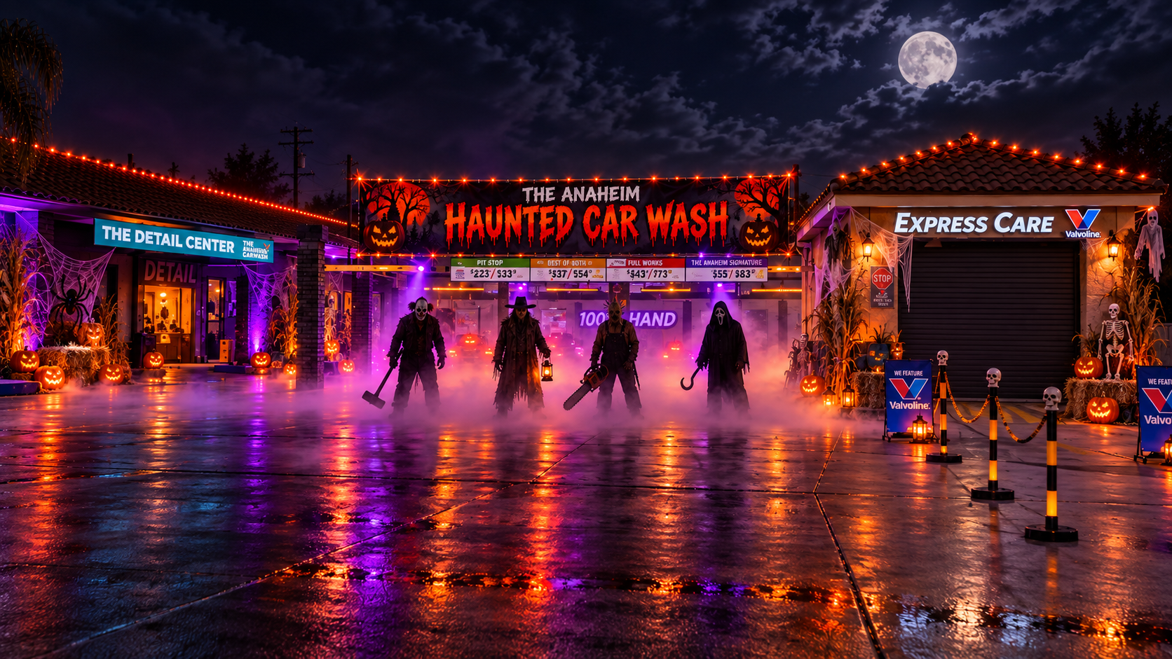 The Anaheim Haunted Car Wash entrance glowing through fog at night